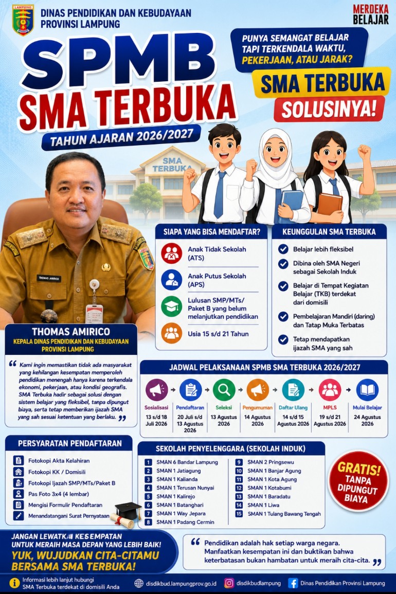 SPMB SMA Terbuka 2026/2027 Resmi Dibuka, Disdikbud Lampung Buka Akses Pendidikan Gratis dan Fleksibel